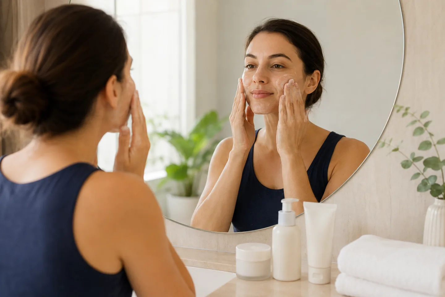 Mujer realiza una limpieza facial suave frente al espejo con productos sin marca