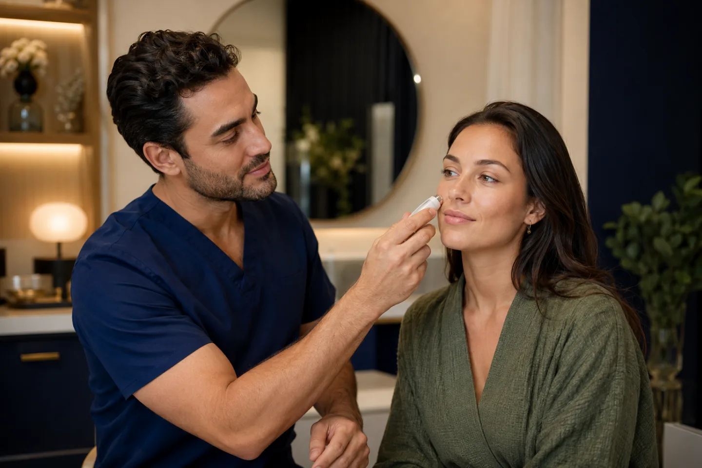 Esteticista hombre de THA evalúa suavemente la hidratación de la piel con un medidor sin marca