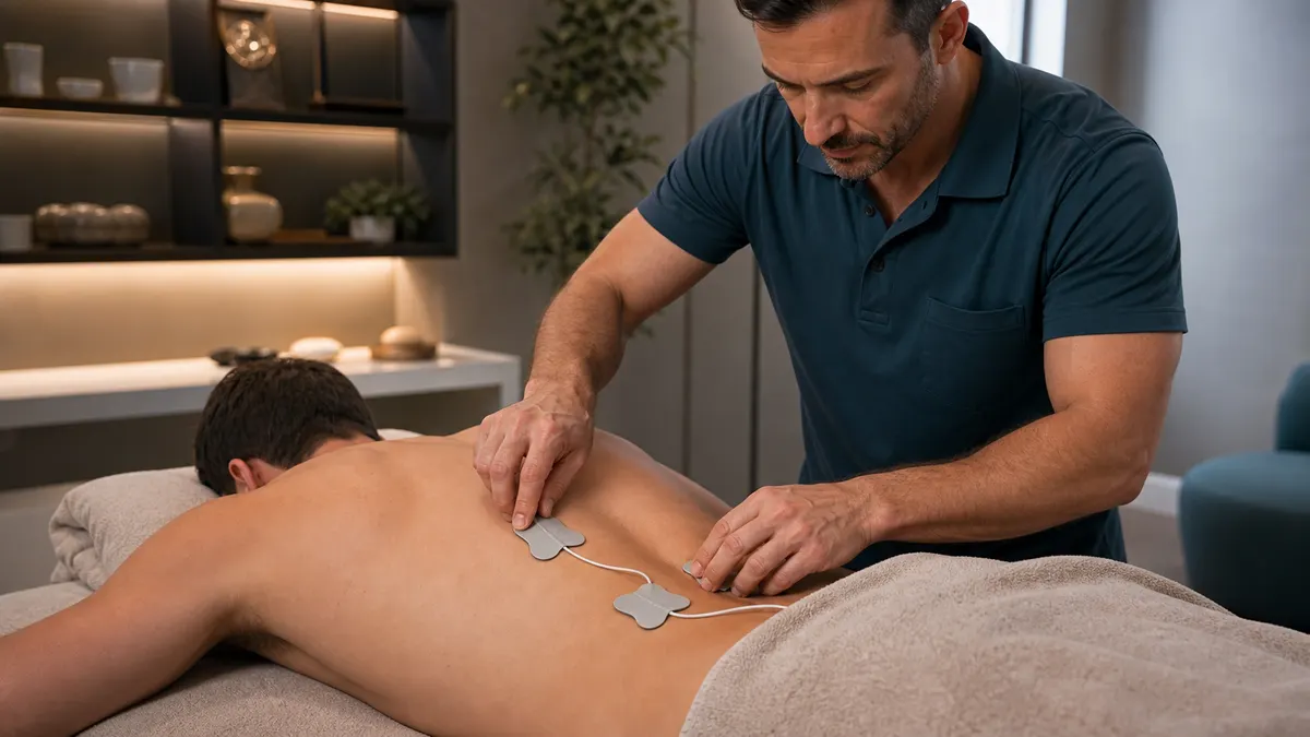 Esteticista de THA preparando una sesión localizada de alivio muscular lumbar