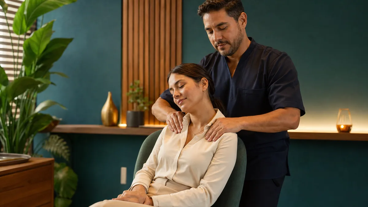 Esteticista de THA dando un masaje relajante de hombros a una profesional