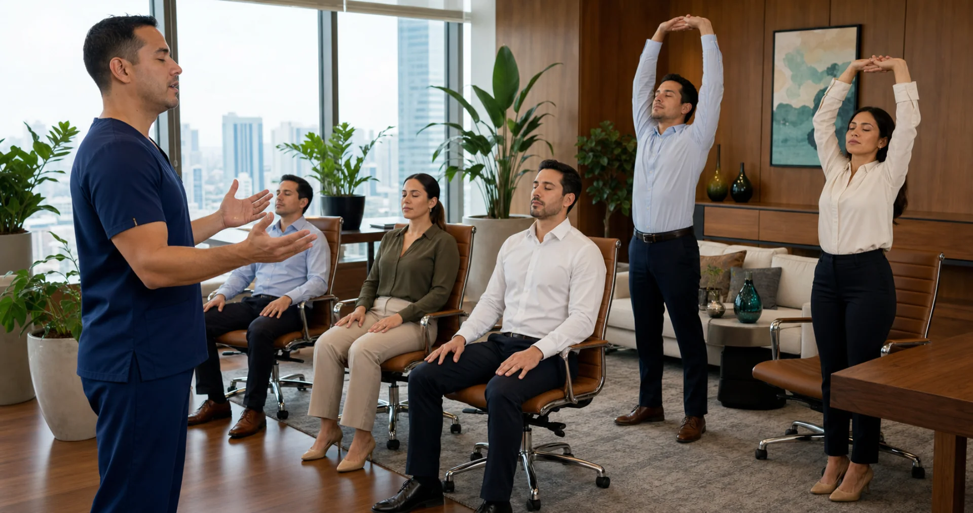 Instructor de THA guiando yoga y meditación de pie y en sillas dentro de una oficina