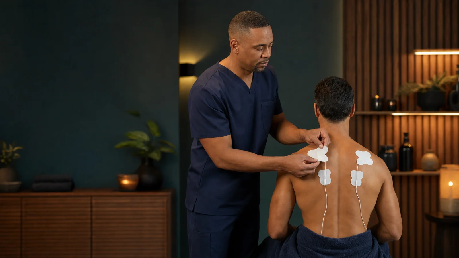 Sesión personalizada de electroestimulación con electrodos en hombros y espalda