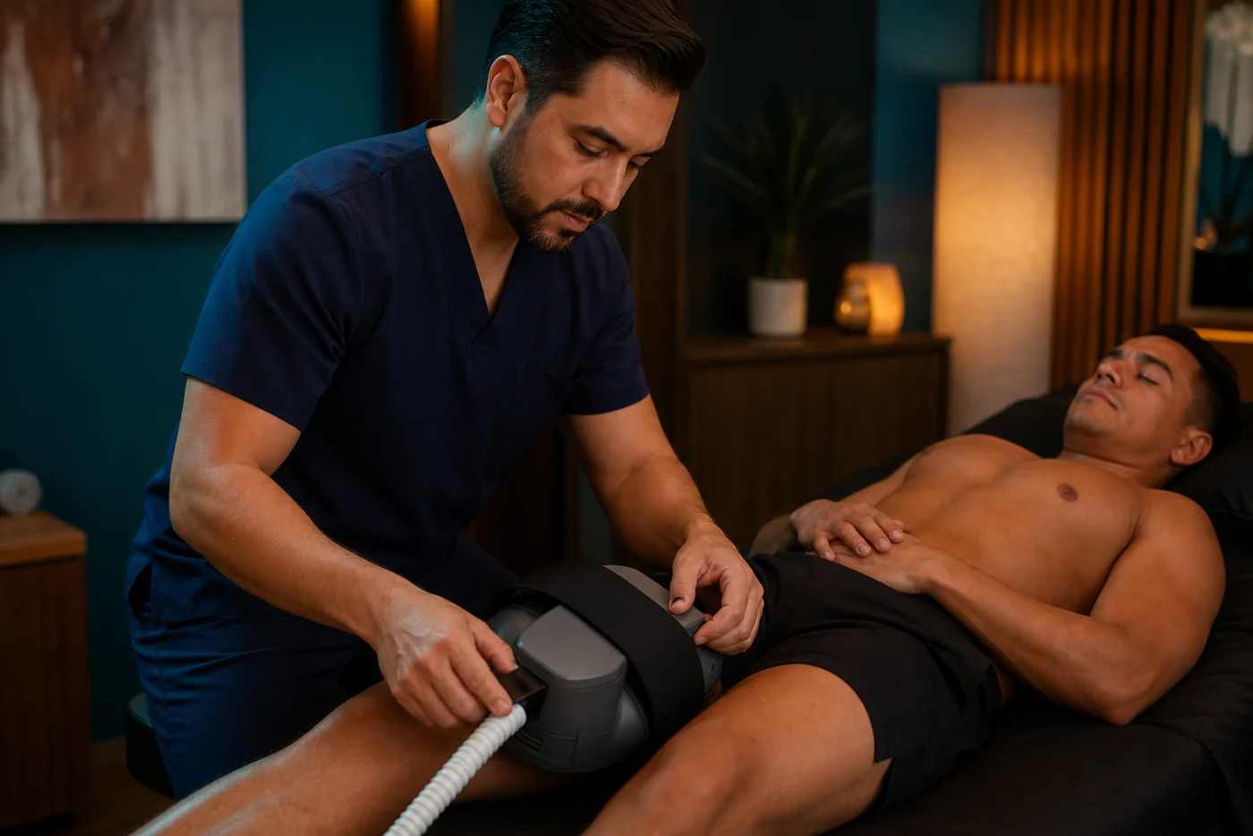 Esteticista ajustando una sesión de electroestimulación en el cuádriceps