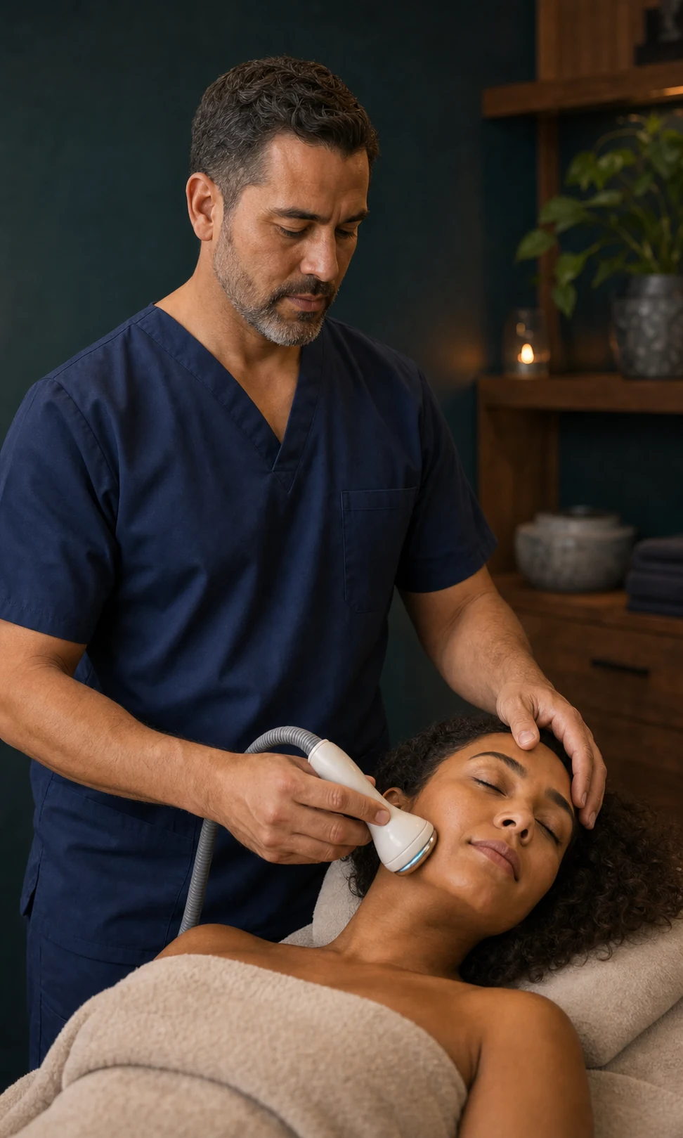 Esteticista aplicando radiofrecuencia estética no invasiva en el rostro