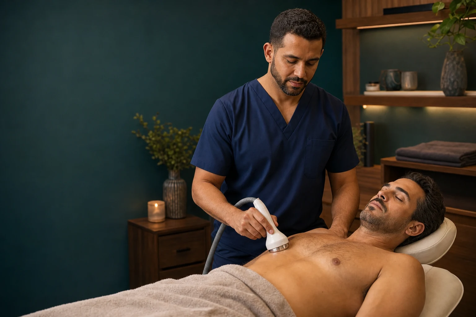 Esteticista con scrub azul marino realizando radiofrecuencia no invasiva en el abdomen
